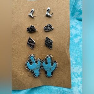 542-ATT New Four Pair Stainless Steel Western Turquoise & Silver Color Earrings